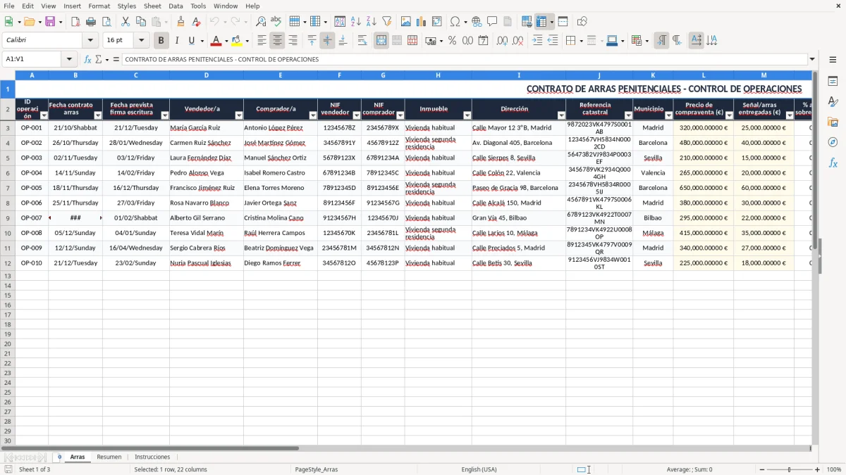 Captura 1: pestaña Arras - Plantilla Excel contrato de arras penitenciales excel