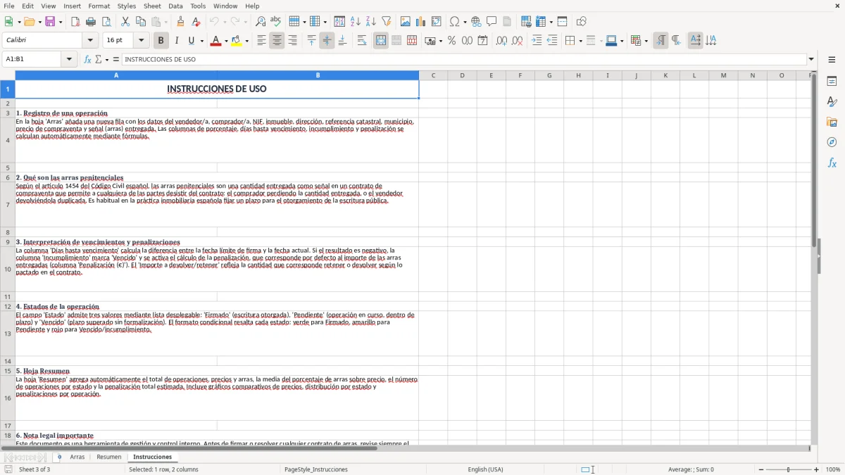 Captura 3: pestaña Instrucciones - Plantilla Excel contrato de arras penitenciales excel
