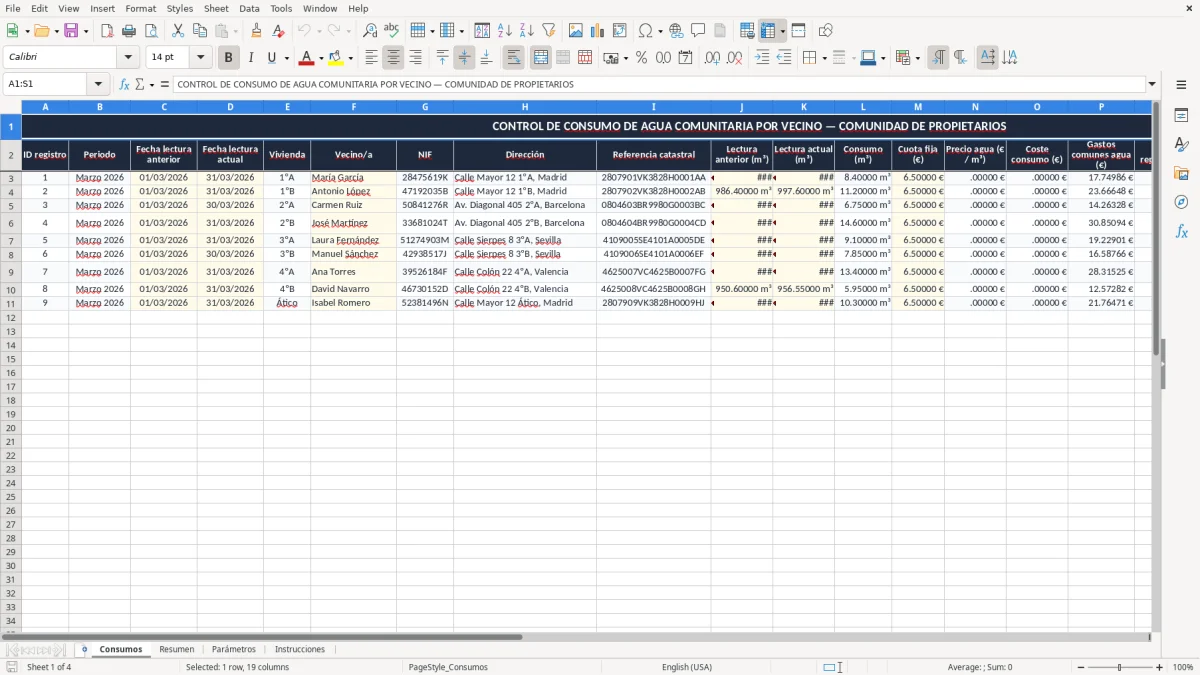 Captura 1: pestaña Consumos - Plantilla Excel control de consumo de agua comunitaria por vecino excel