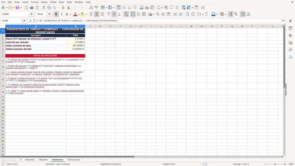 Captura 3: pestaña Parámetros - Plantilla Excel control de consumo de agua comunitaria por vecino excel