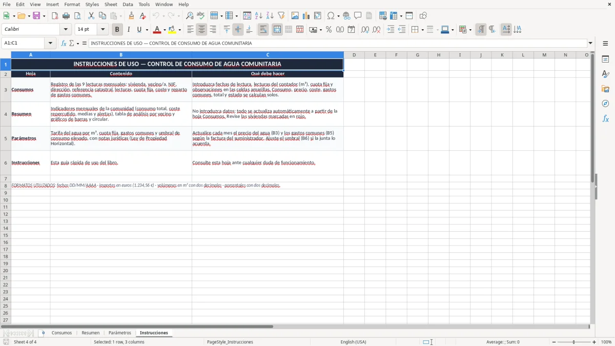Captura 4: pestaña Instrucciones - Plantilla Excel control de consumo de agua comunitaria por vecino excel