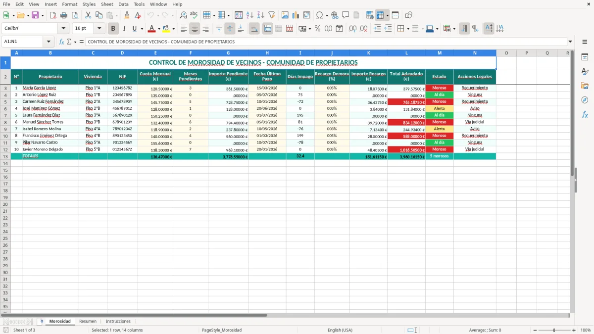 Captura 1: pestaña Morosidad - Plantilla Excel control de morosidad de vecinos en la comunidad excel