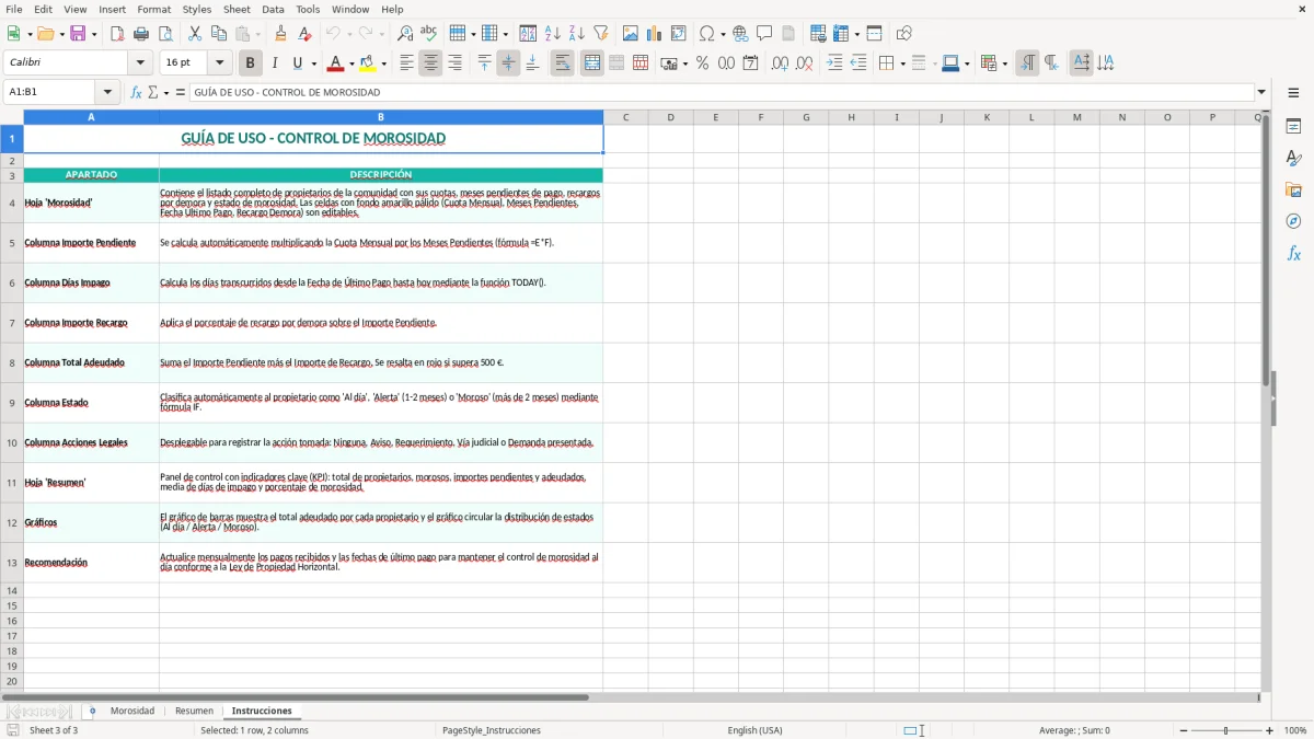 Captura 3: pestaña Instrucciones - Plantilla Excel control de morosidad de vecinos en la comunidad excel