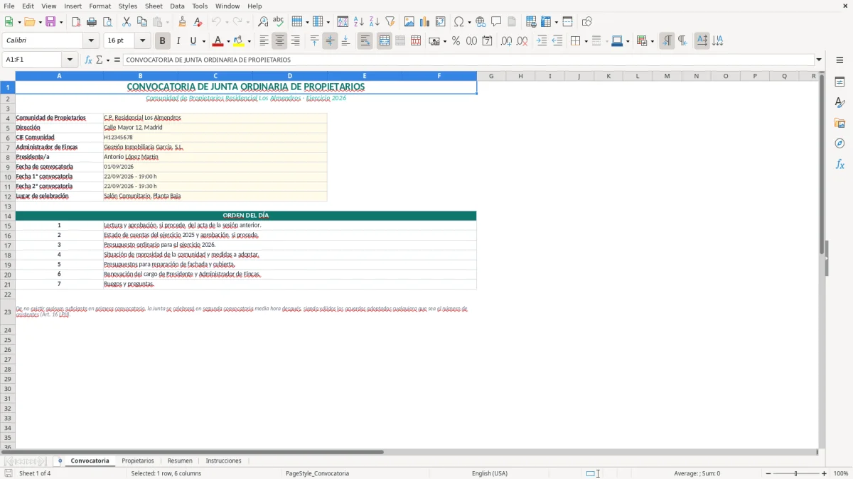 Captura 1: pestaña Convocatoria - Plantilla Excel convocatoria de junta ordinaria de propietarios excel