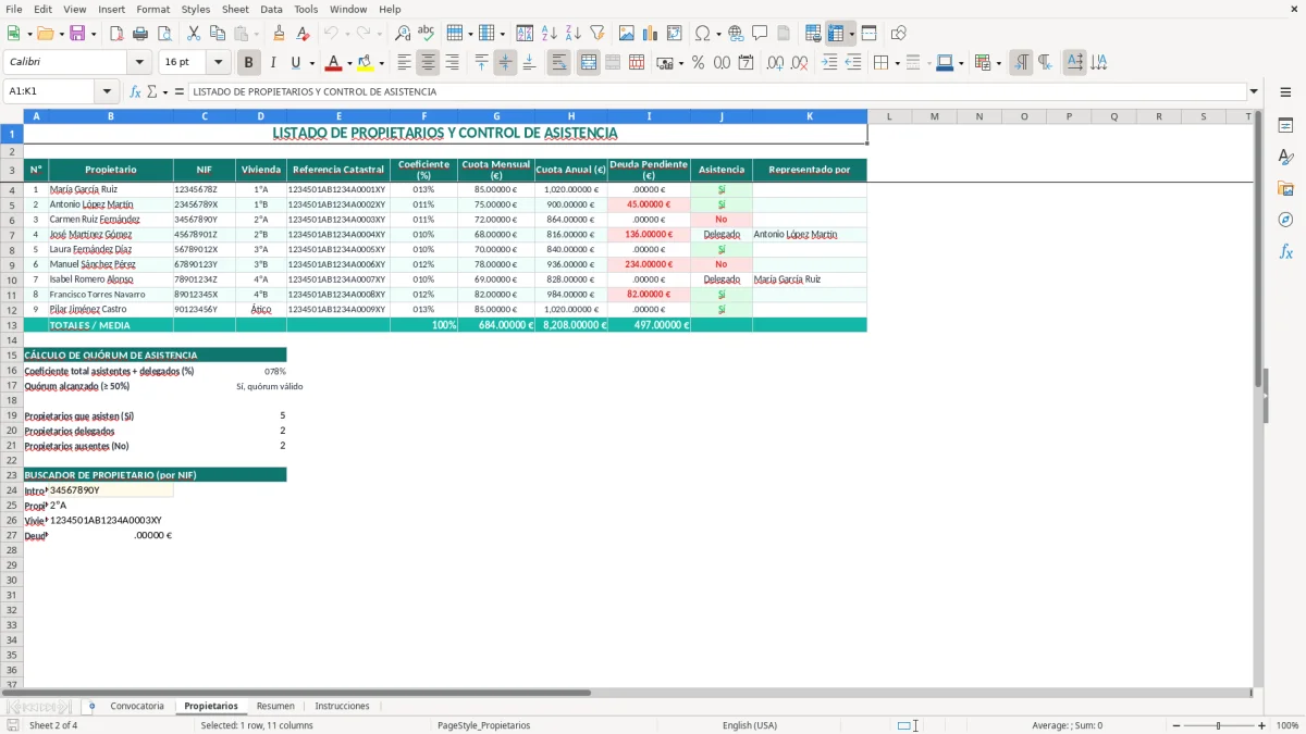 Captura 2: pestaña Propietarios - Plantilla Excel convocatoria de junta ordinaria de propietarios excel