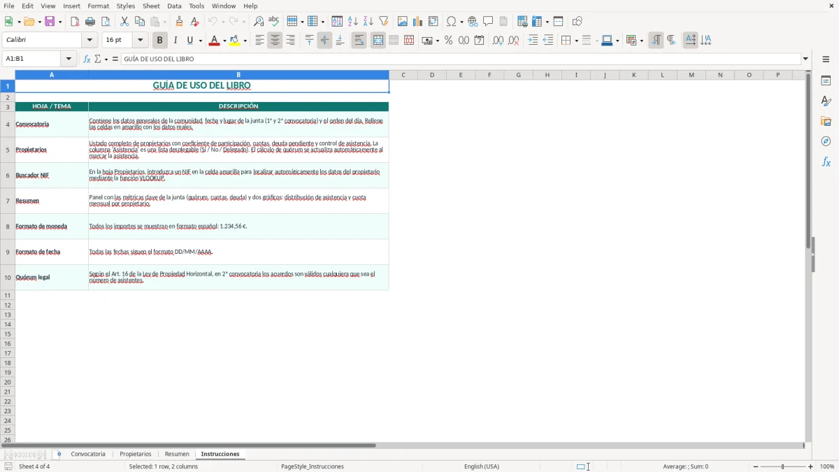 Captura 4: pestaña Instrucciones - Plantilla Excel convocatoria de junta ordinaria de propietarios excel