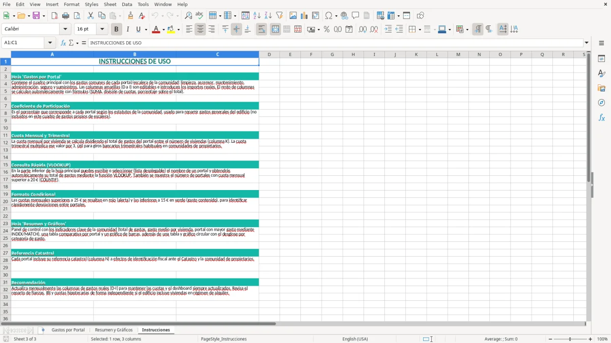 Captura 3: pestaña Instrucciones - Plantilla Excel cuadro de gastos comunes por escalera y portal excel