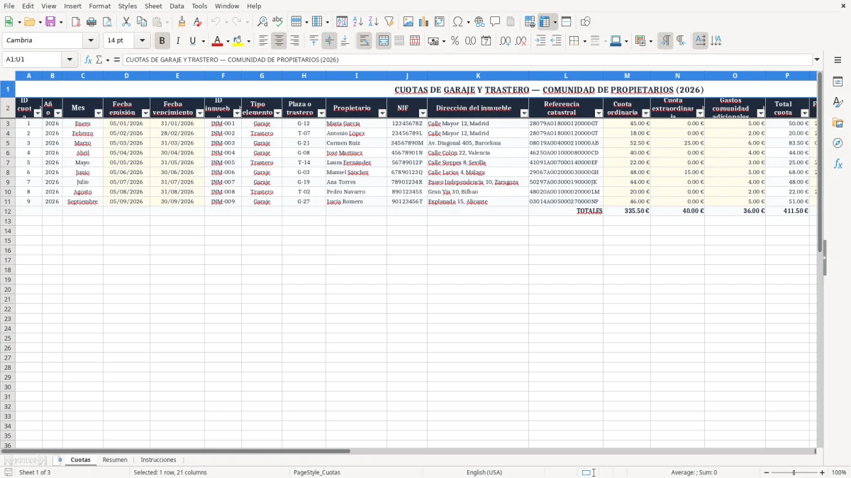 Captura 1: pestaña Cuotas - Plantilla Excel cuotas de garaje y trastero en comunidad excel