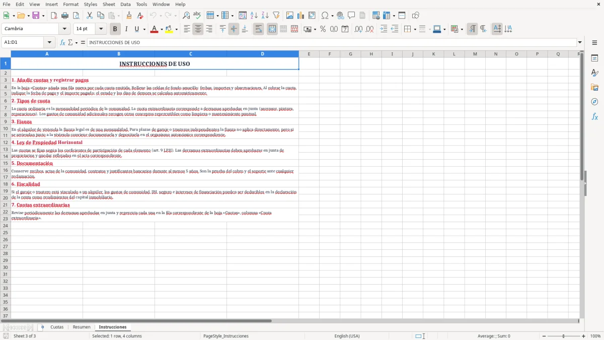 Captura 3: pestaña Instrucciones - Plantilla Excel cuotas de garaje y trastero en comunidad excel