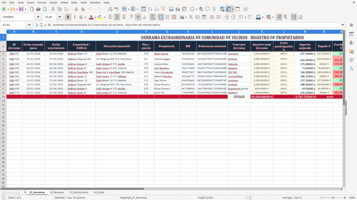 Captura 1: pestaña 01_Derramas - Plantilla Excel derrama extraordinaria de comunidad de vecinos excel