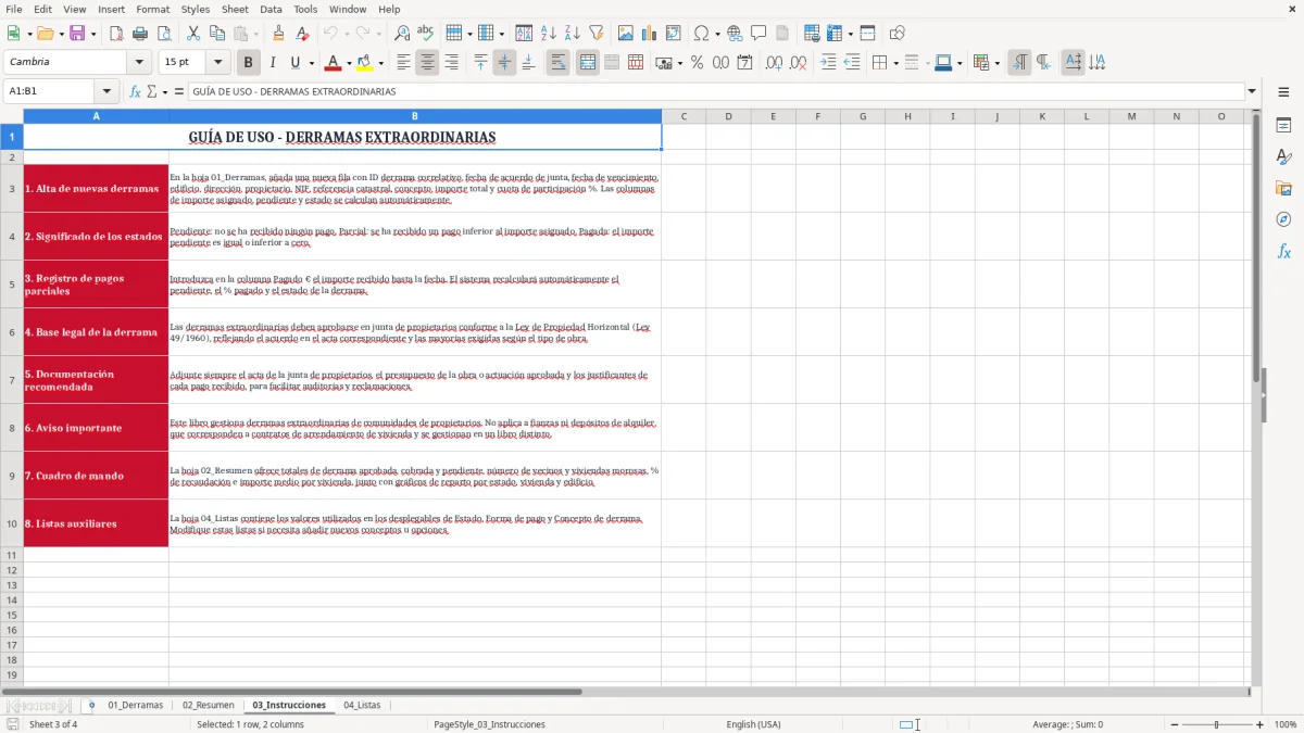 Captura 3: pestaña 03_Instrucciones - Plantilla Excel derrama extraordinaria de comunidad de vecinos excel