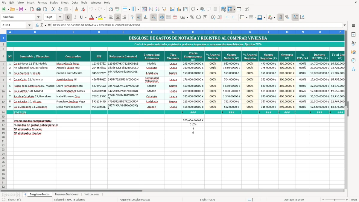 Captura 1: pestaña Desglose Gastos - Plantilla Excel desglose de gastos de notaría y registro al comprar excel