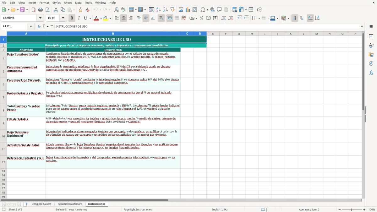 Captura 3: pestaña Instrucciones - Plantilla Excel desglose de gastos de notaría y registro al comprar excel