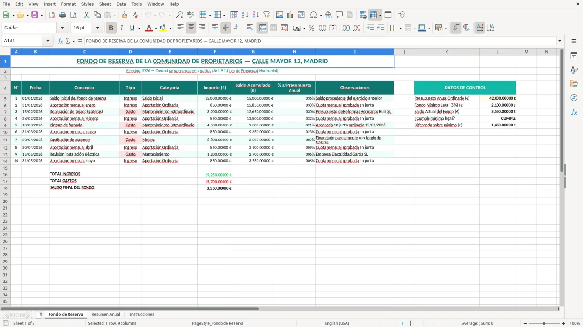 Captura 1: pestaña Fondo de Reserva - Plantilla Excel fondo de reserva de la comunidad excel