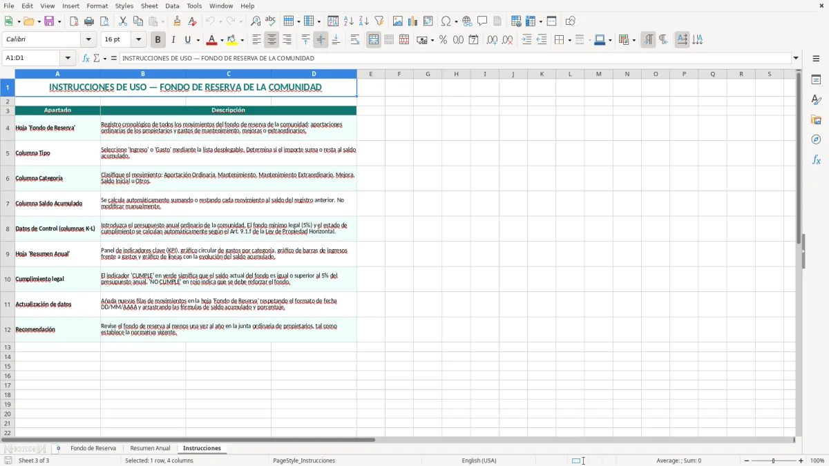 Captura 3: pestaña Instrucciones - Plantilla Excel fondo de reserva de la comunidad excel
