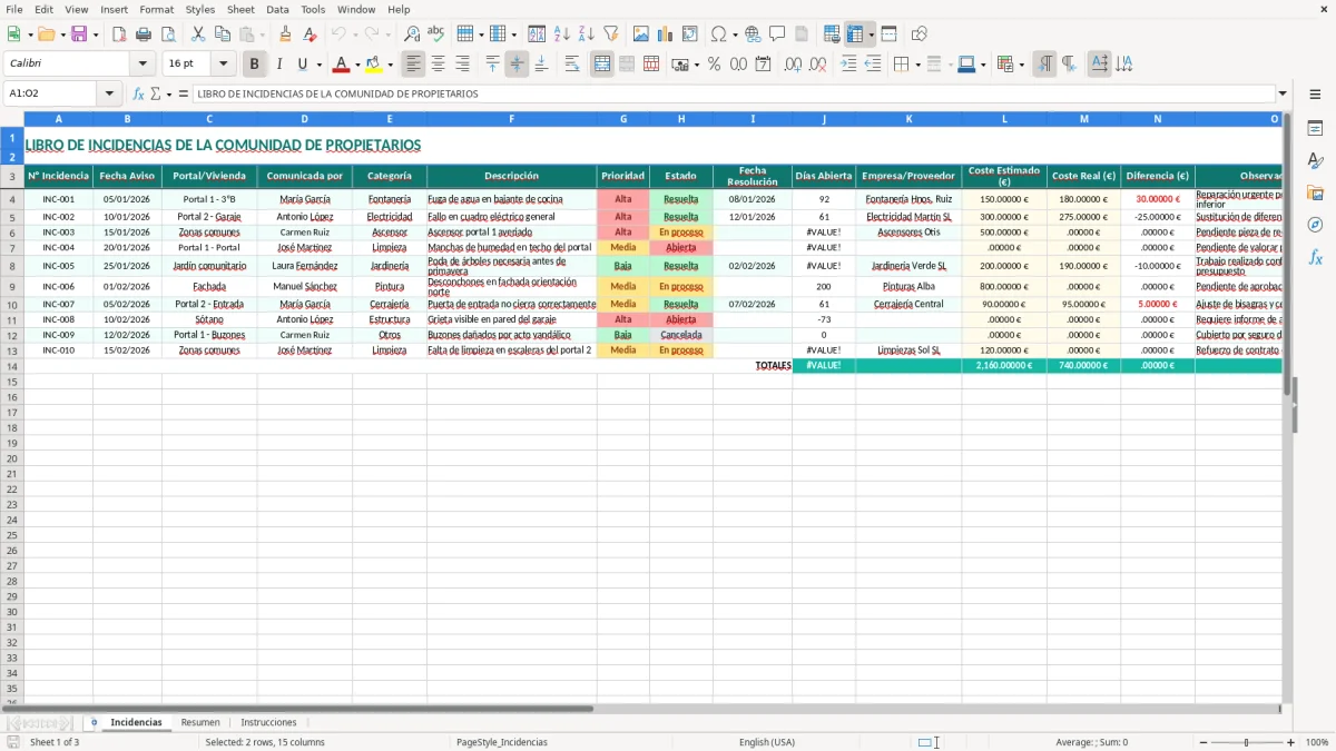 Captura 1: pestaña Incidencias - Plantilla Excel libro de incidencias de la comunidad excel