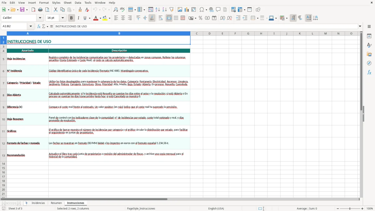 Captura 3: pestaña Instrucciones - Plantilla Excel libro de incidencias de la comunidad excel