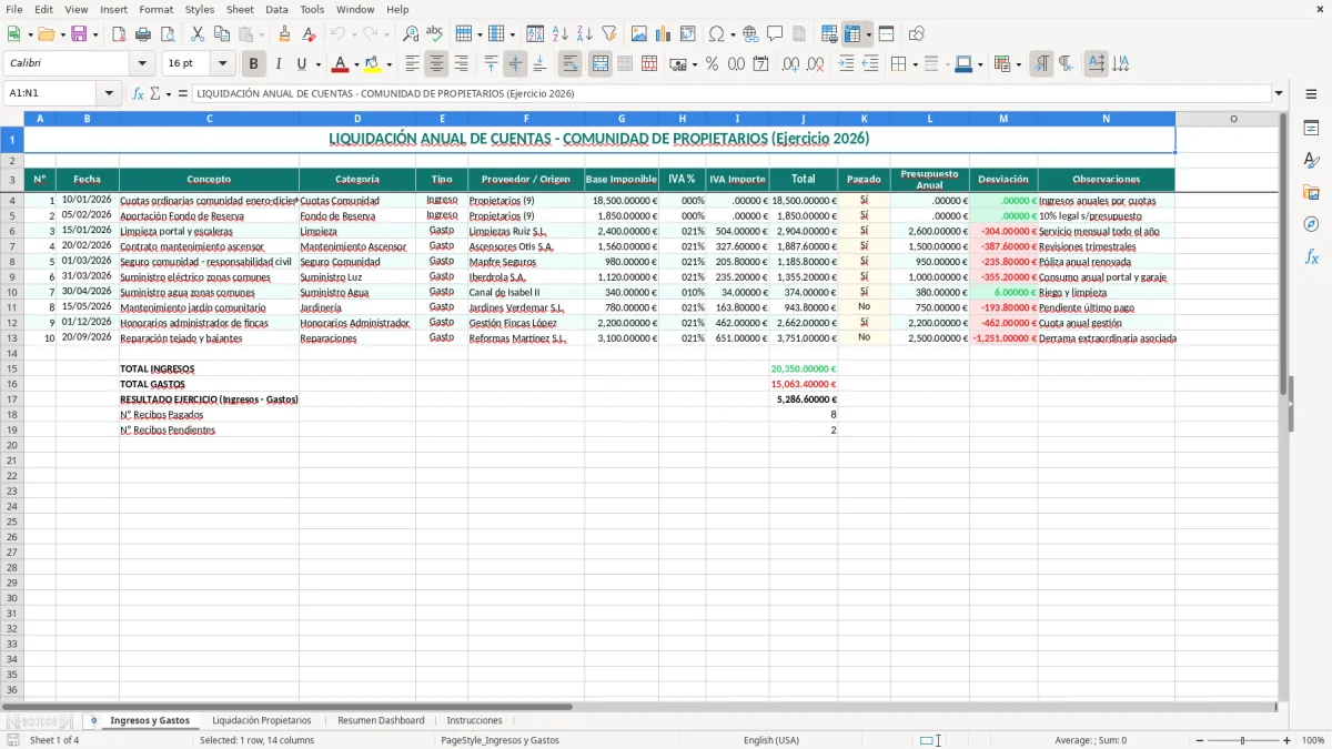 Captura 1: pestaña Ingresos y Gastos - Plantilla Excel liquidación anual de cuentas del administrador de fincas excel
