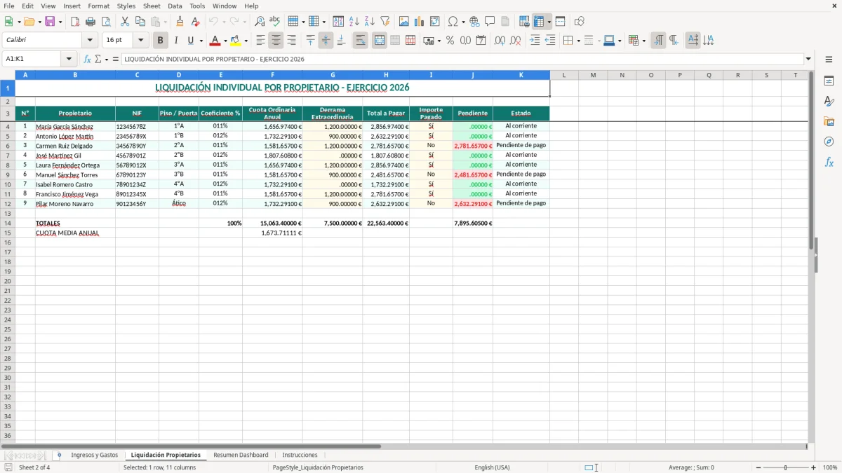 Captura 2: pestaña Liquidación Propietarios - Plantilla Excel liquidación anual de cuentas del administrador de fincas excel