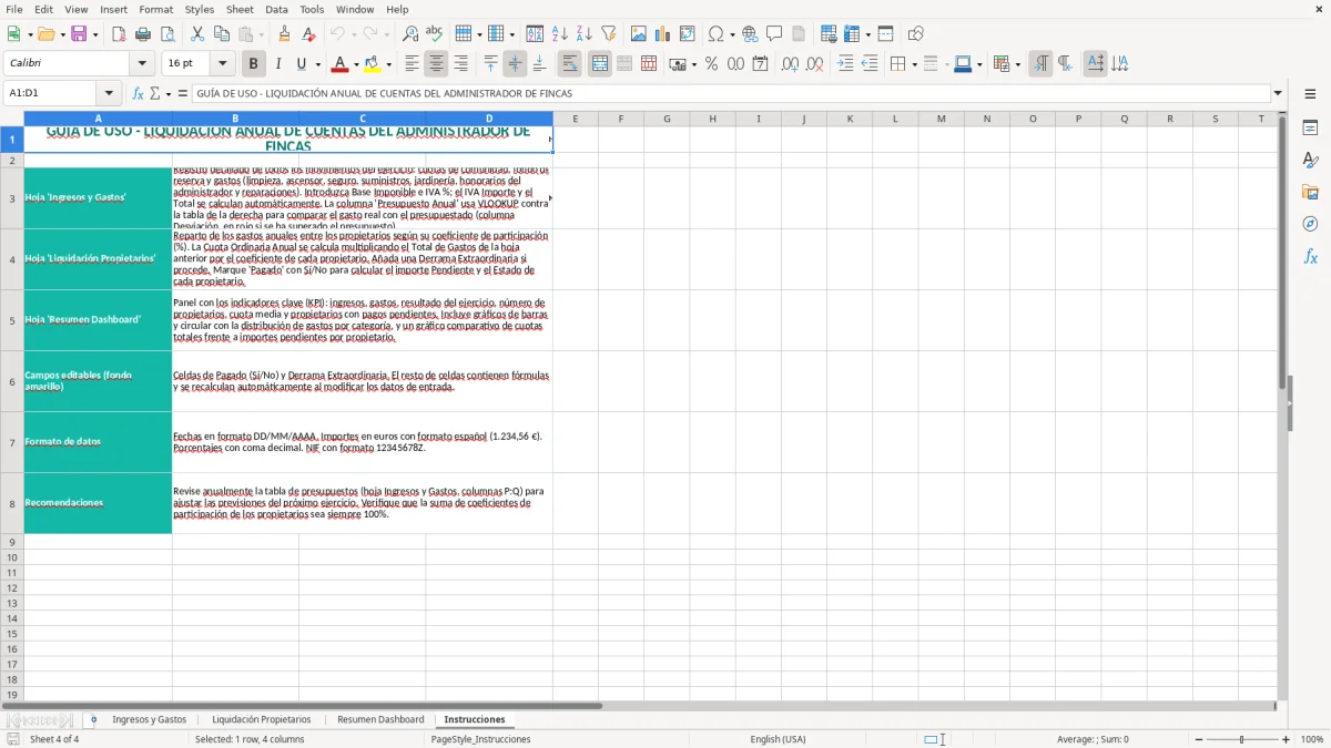 Captura 4: pestaña Instrucciones - Plantilla Excel liquidación anual de cuentas del administrador de fincas excel