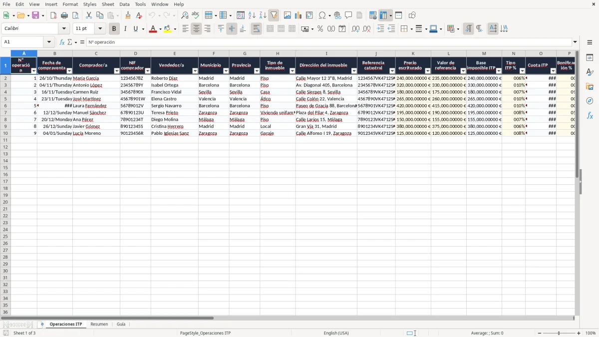 Captura 1: pestaña Operaciones ITP - Plantilla Excel liquidación del impuesto de transmisiones patrimoniales excel