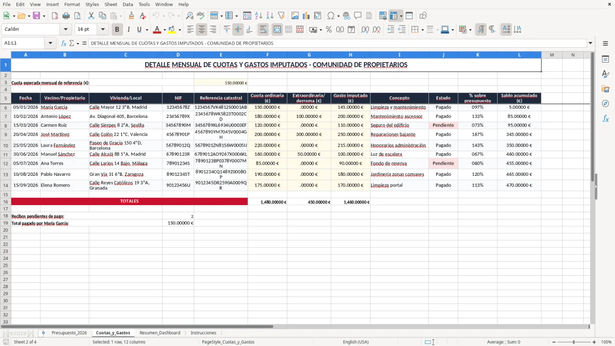 Captura 2: pestaña Cuotas_y_Gastos - Plantilla Excel presupuesto anual de comunidad de propietarios excel