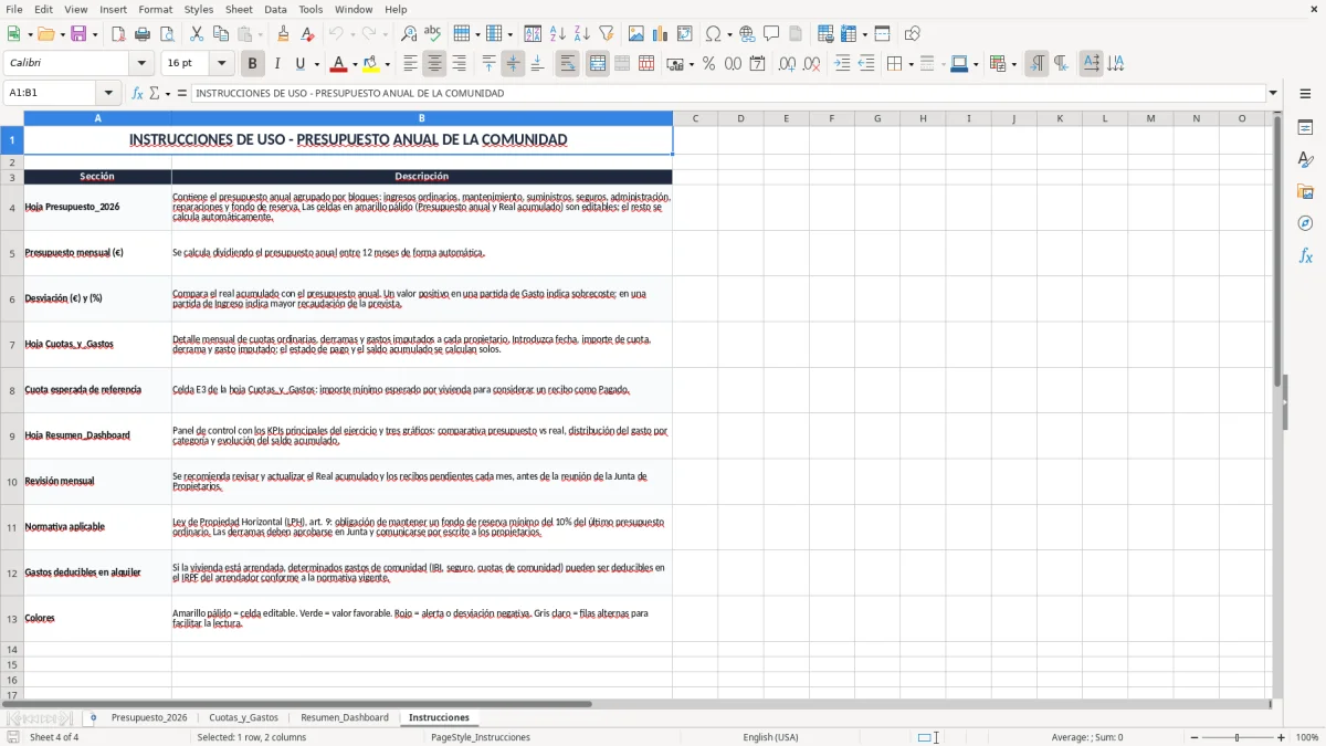 Captura 4: pestaña Instrucciones - Plantilla Excel presupuesto anual de comunidad de propietarios excel