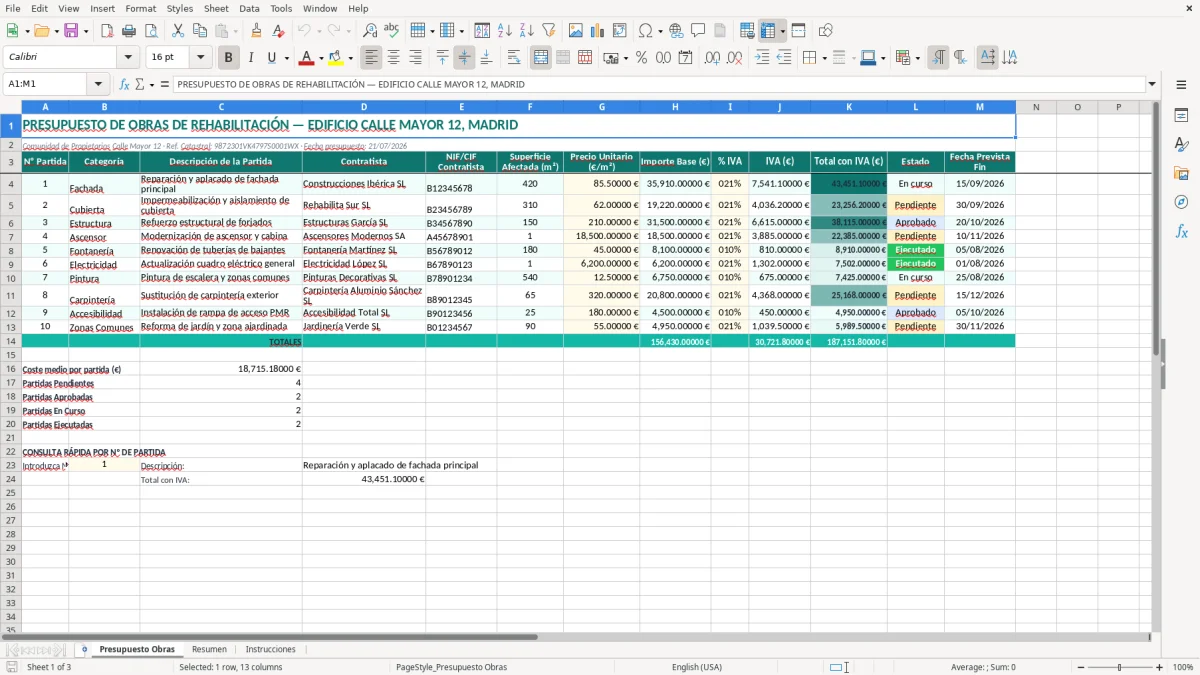 Captura 1: pestaña Presupuesto Obras - Plantilla Excel presupuesto de obras de rehabilitación del edificio excel