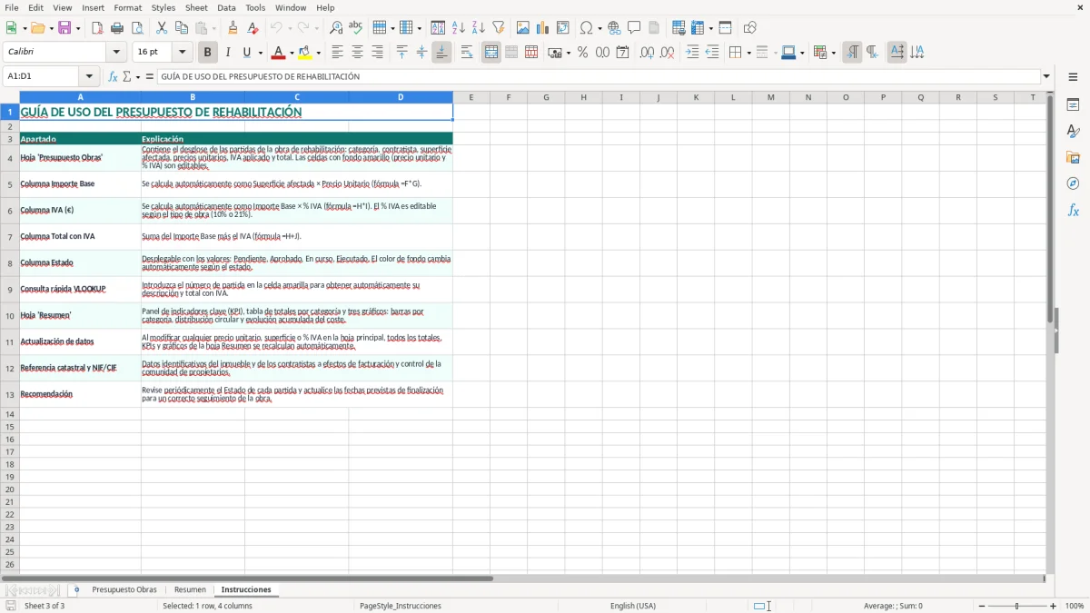 Captura 3: pestaña Instrucciones - Plantilla Excel presupuesto de obras de rehabilitación del edificio excel