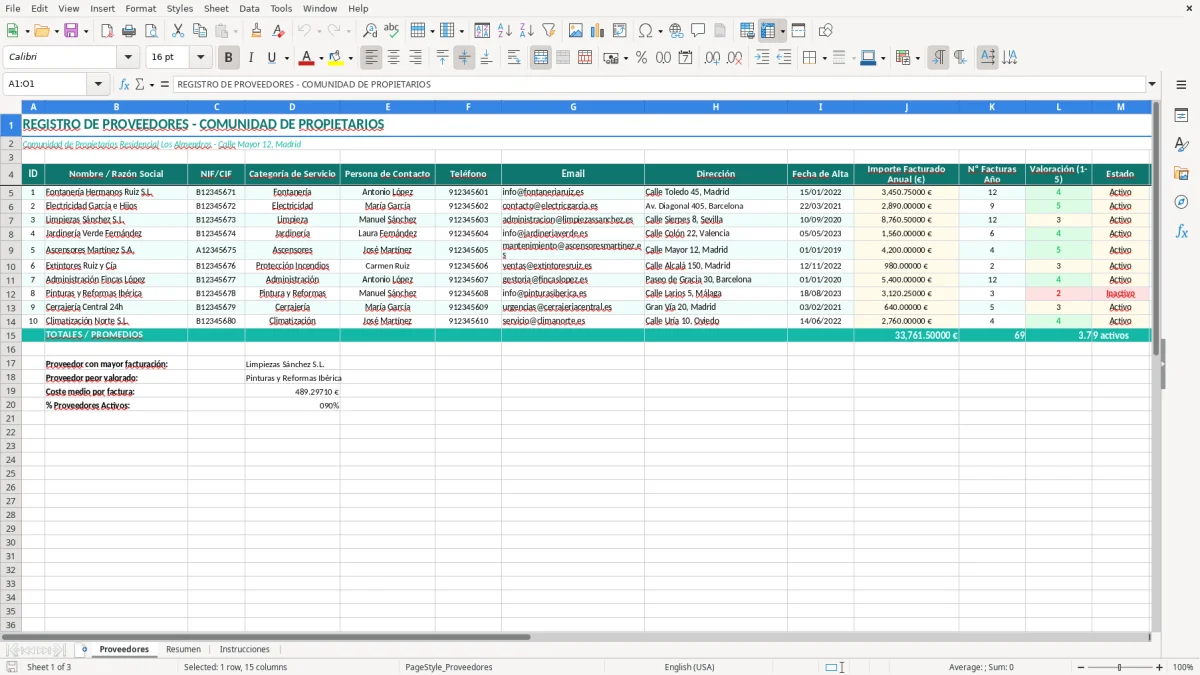 Captura 1: pestaña Proveedores - Plantilla Excel registro de proveedores de la comunidad de propietarios excel