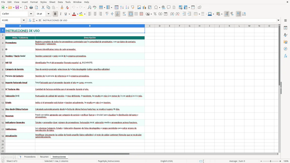 Captura 3: pestaña Instrucciones - Plantilla Excel registro de proveedores de la comunidad de propietarios excel