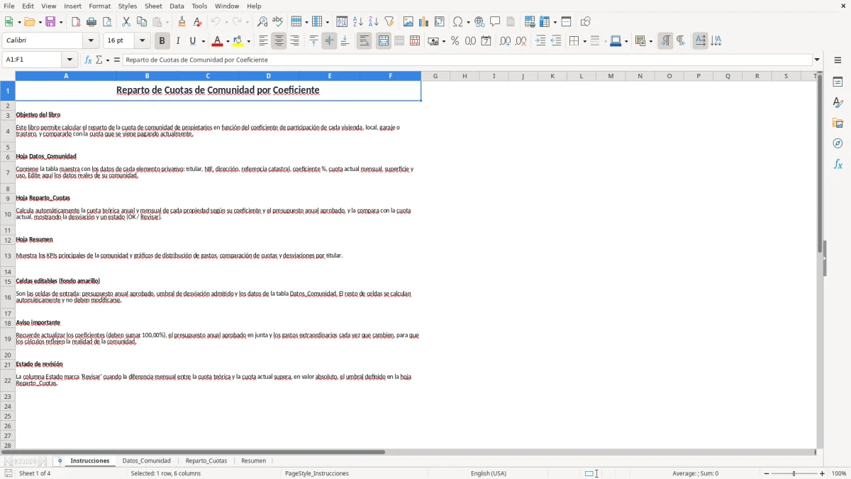 Captura 1: pestaña Instrucciones - Plantilla Excel reparto de cuotas de comunidad por coeficiente excel