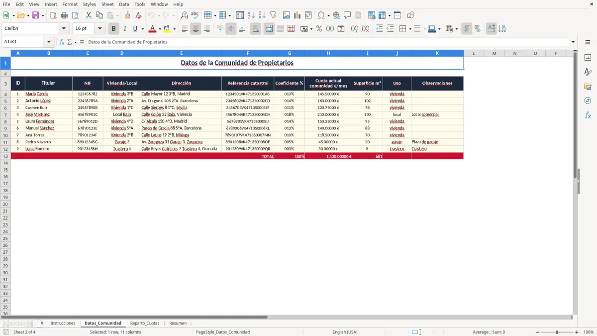 Captura 2: pestaña Datos_Comunidad - Plantilla Excel reparto de cuotas de comunidad por coeficiente excel