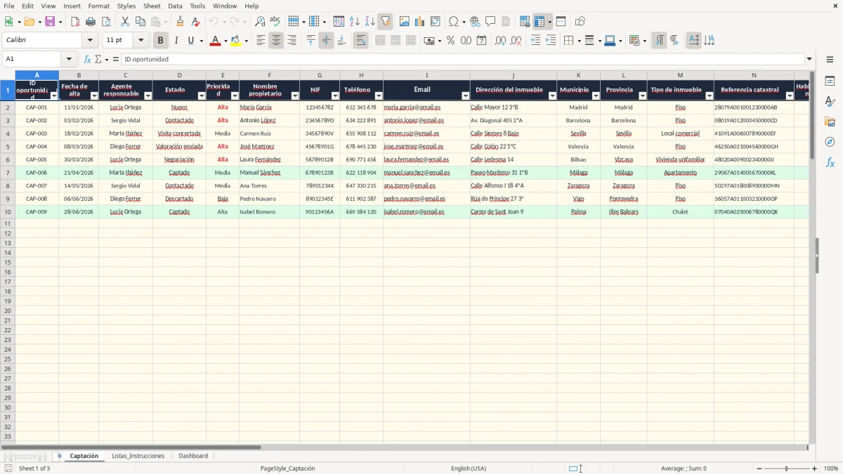 Captura 1: pestaña Captación - Plantilla Excel CRM inmobiliario para captación de propiedades excel