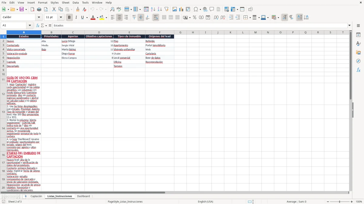 Captura 2: pestaña Listas_Instrucciones - Plantilla Excel CRM inmobiliario para captación de propiedades excel