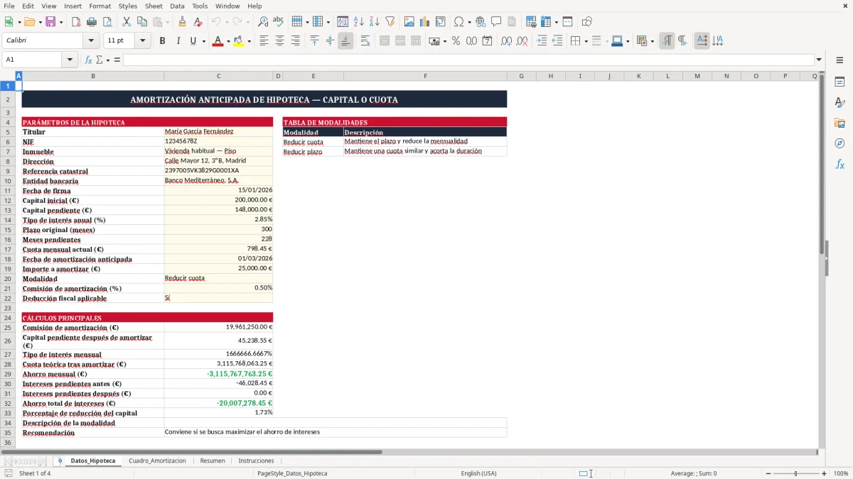 Captura 1: pestaña Datos_Hipoteca - Plantilla Excel amortización anticipada de hipoteca por capital o cuota excel