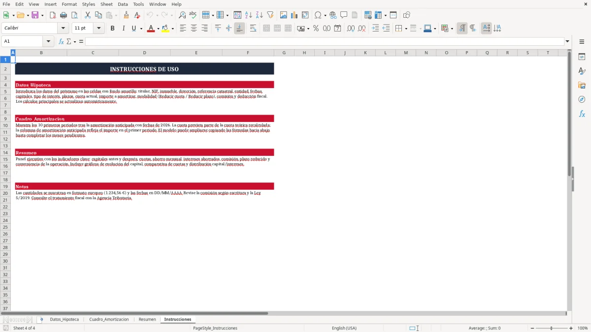Captura 4: pestaña Instrucciones - Plantilla Excel amortización anticipada de hipoteca por capital o cuota excel