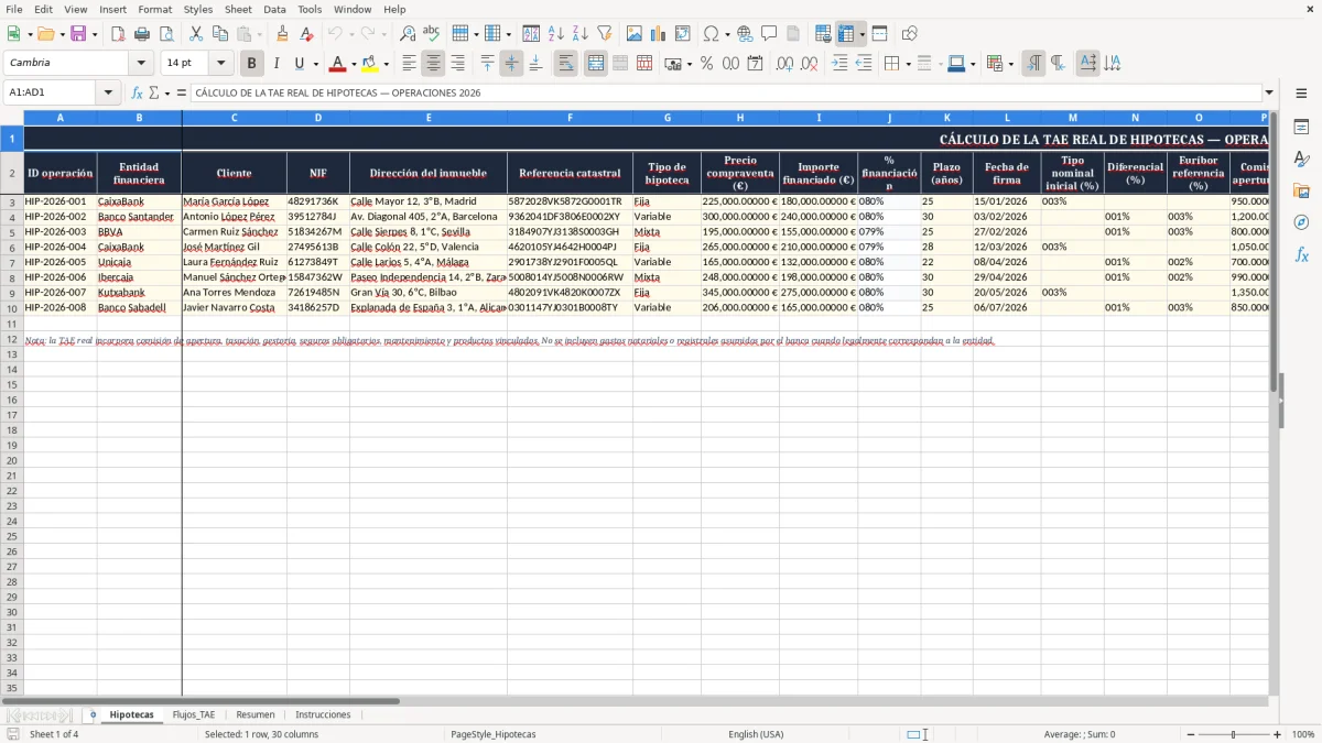 Captura 1: pestaña Hipotecas - Plantilla Excel cálculo de la TAE real de una hipoteca excel