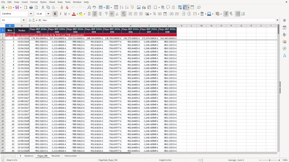 Captura 2: pestaña Flujos_TAE - Plantilla Excel cálculo de la TAE real de una hipoteca excel