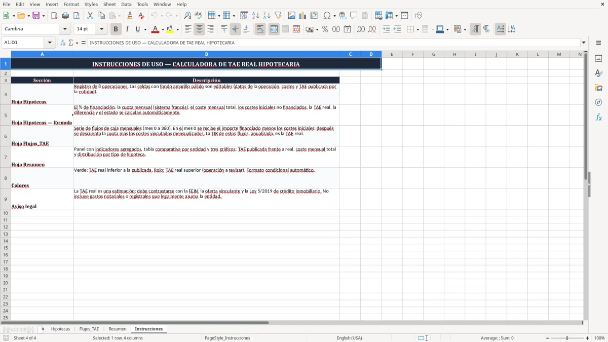 Captura 4: pestaña Instrucciones - Plantilla Excel cálculo de la TAE real de una hipoteca excel