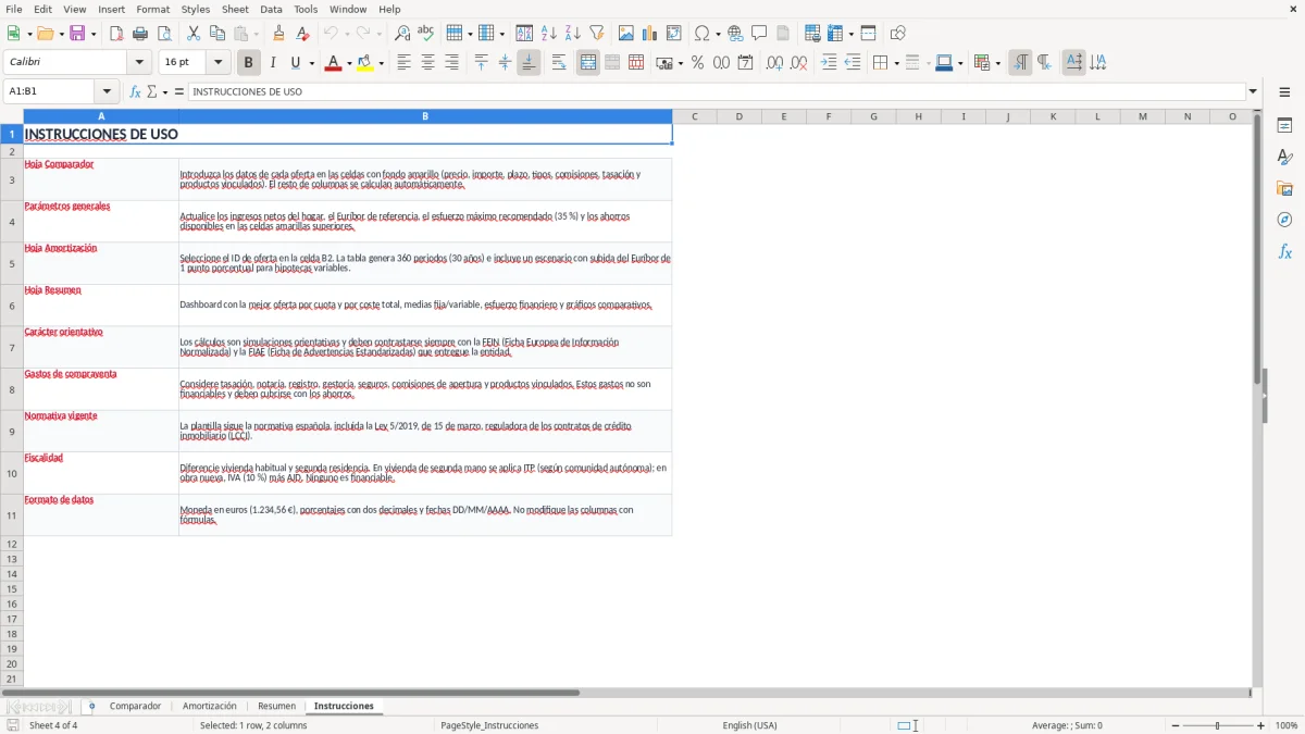 Captura 4: pestaña Instrucciones - Plantilla Excel comparador de hipoteca fija y variable plantilla excel