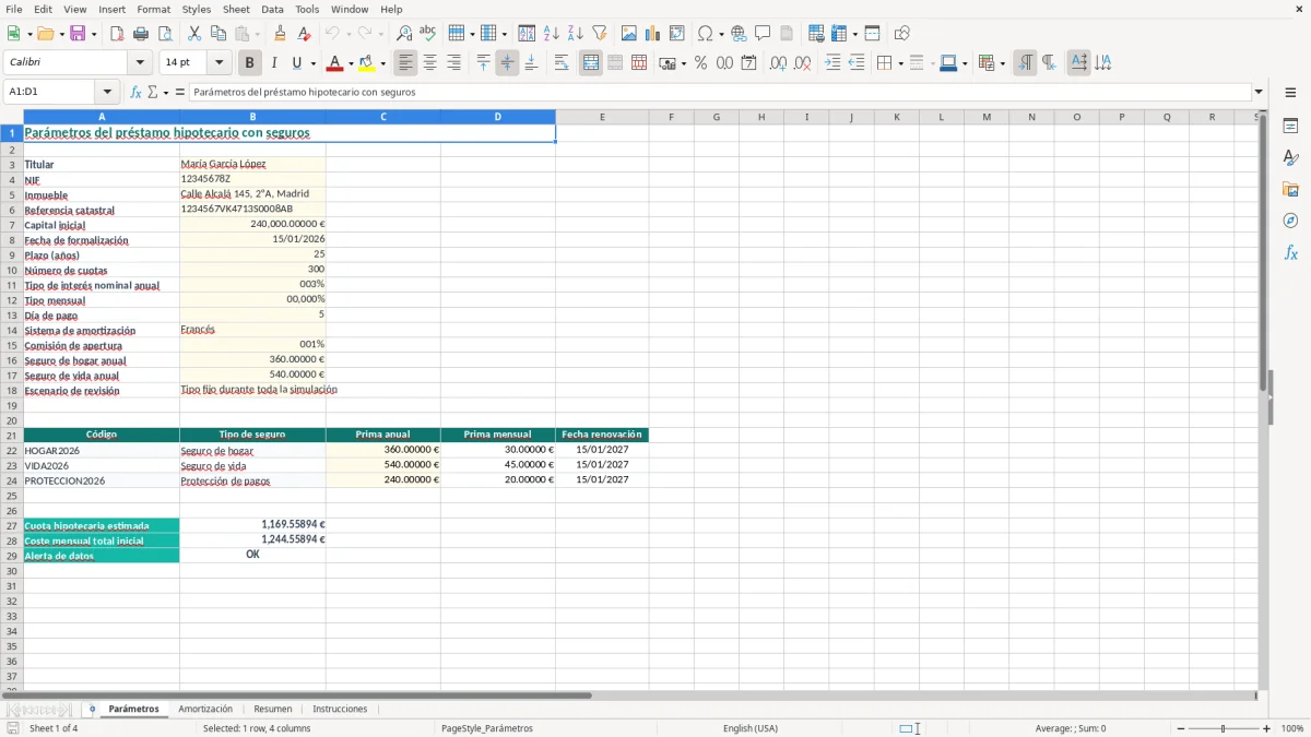 Captura 1: pestaña Parámetros - Plantilla Excel cuadro de amortización de préstamo hipotecario con seguros excel