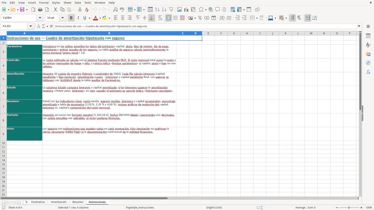 Captura 4: pestaña Instrucciones - Plantilla Excel cuadro de amortización de préstamo hipotecario con seguros excel