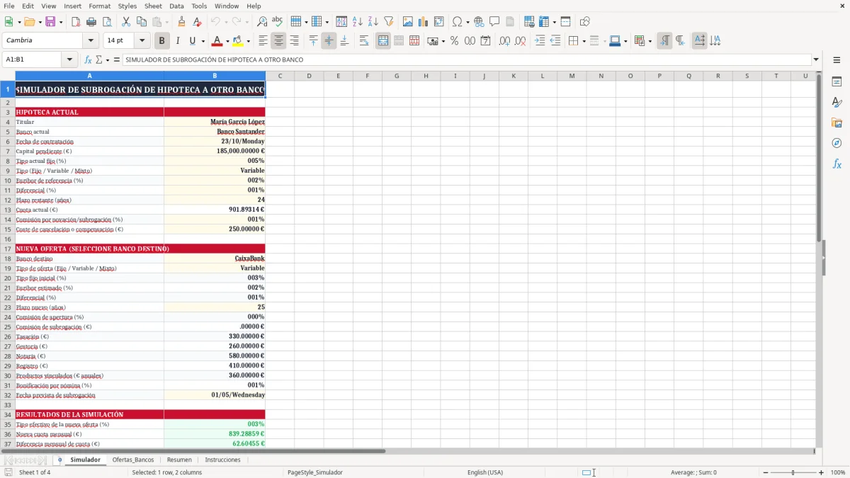 Captura 1: pestaña Simulador - Plantilla Excel simulación de subrogación de hipoteca a otro banco excel