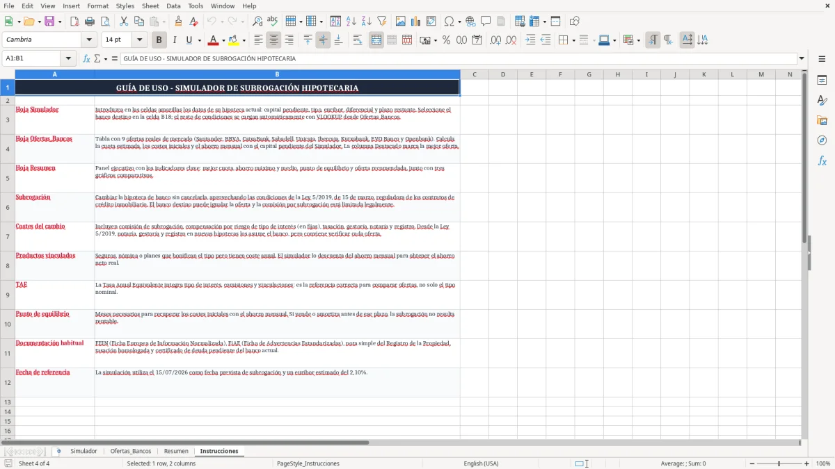 Captura 4: pestaña Instrucciones - Plantilla Excel simulación de subrogación de hipoteca a otro banco excel