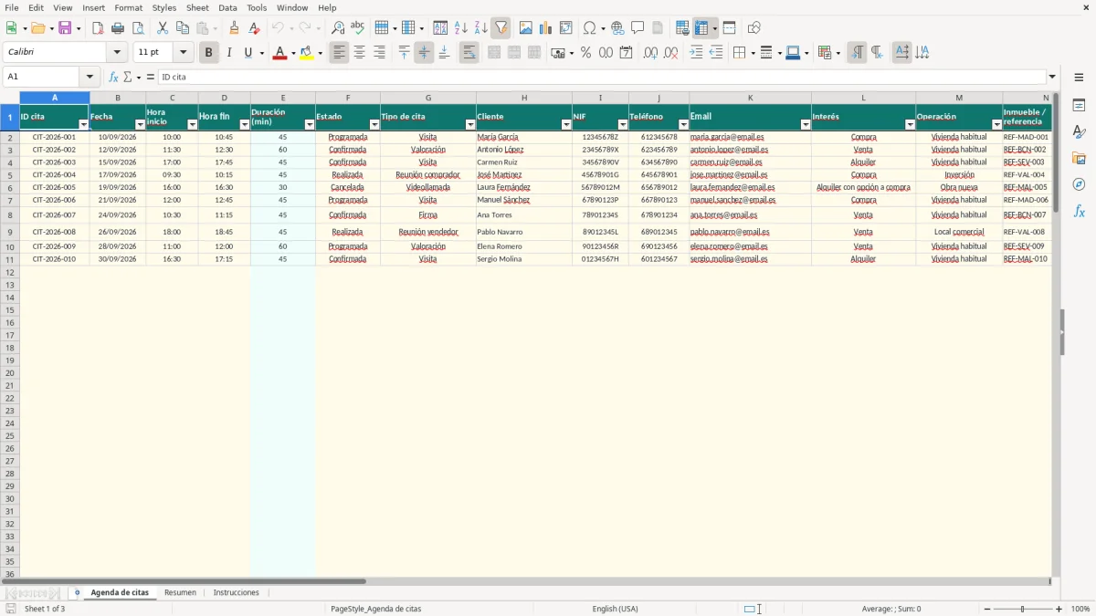 Captura 1: pestaña Agenda de citas - Plantilla Excel agenda de citas de la agencia inmobiliaria excel