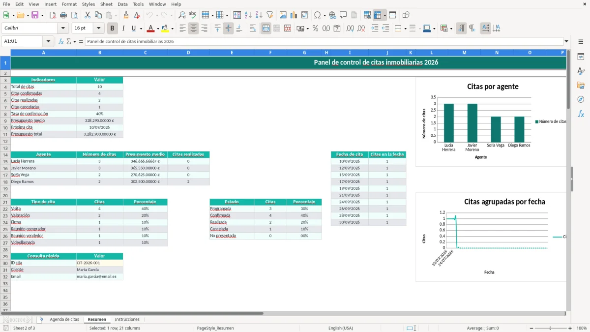 Captura 2: pestaña Resumen - Plantilla Excel agenda de citas de la agencia inmobiliaria excel