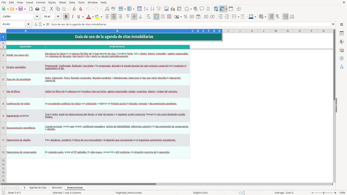 Captura 3: pestaña Instrucciones - Plantilla Excel agenda de citas de la agencia inmobiliaria excel
