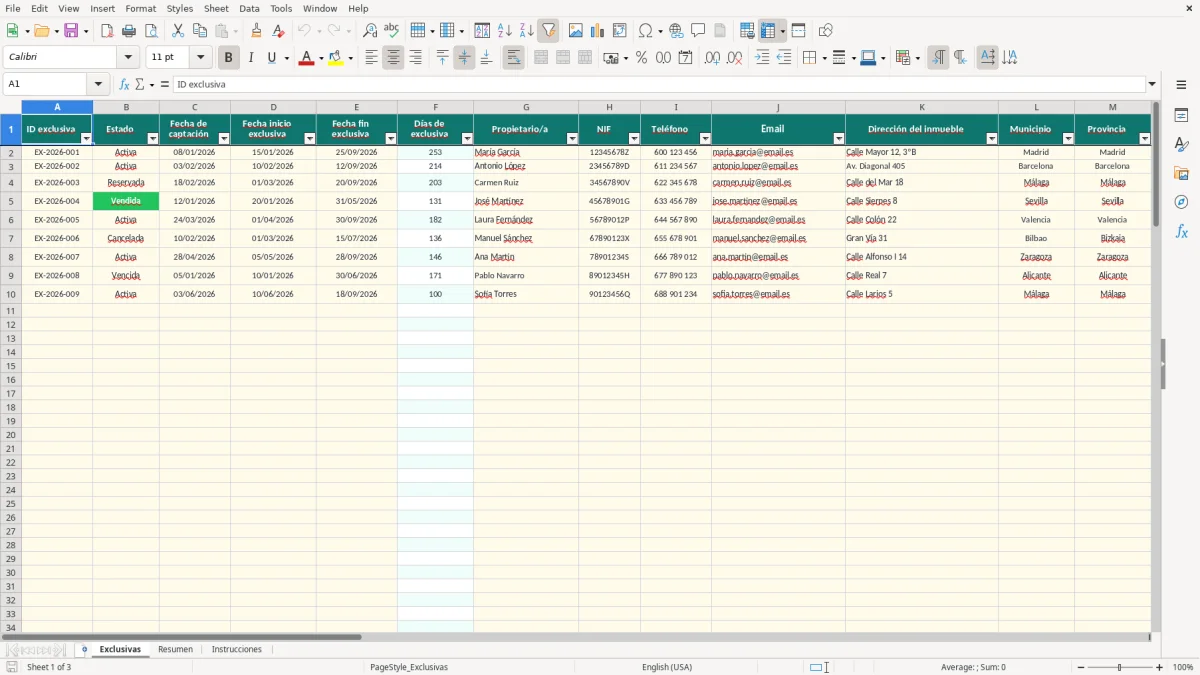 Captura 1: pestaña Exclusivas - Plantilla Excel control de exclusivas de venta de inmuebles excel