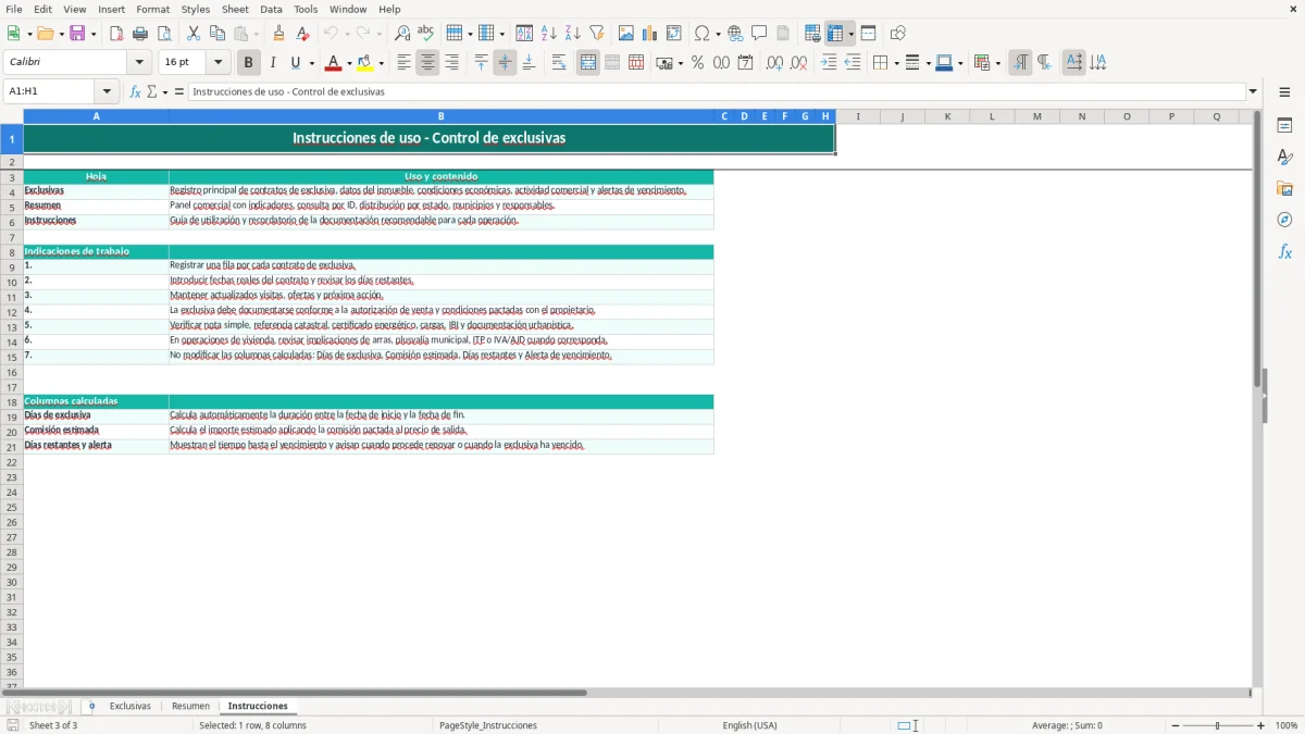 Captura 3: pestaña Instrucciones - Plantilla Excel control de exclusivas de venta de inmuebles excel